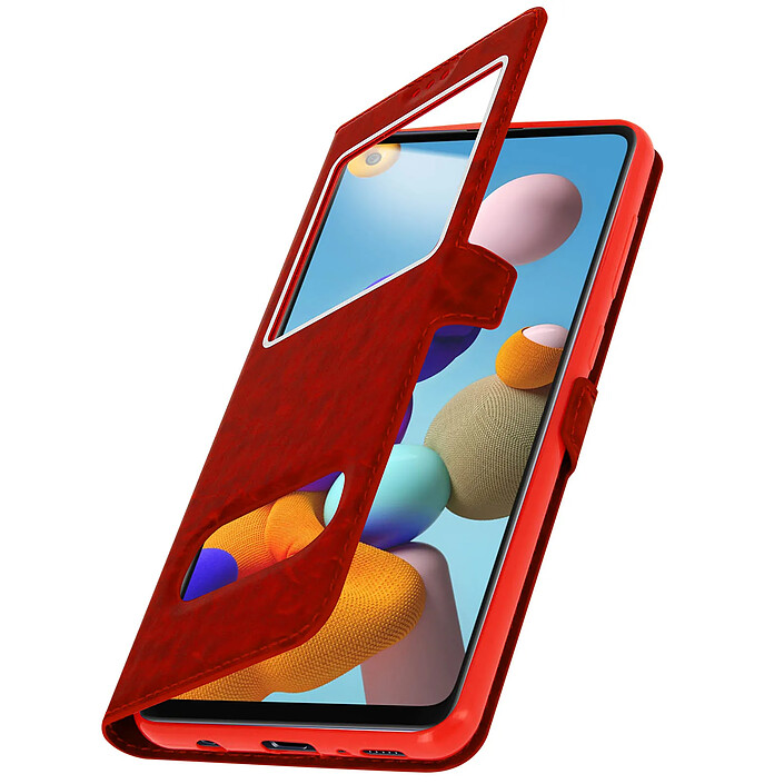Avizar Étui Folio pour Galaxy A21s Double Fenêtre avec Fonction Support Rouge