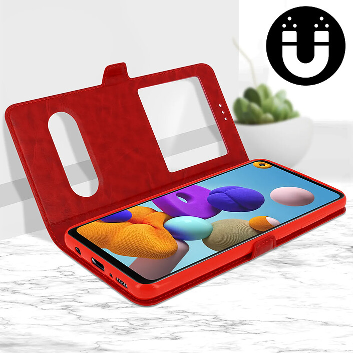Avizar Étui Folio pour Galaxy A21s Double Fenêtre avec Fonction Support Rouge pas cher