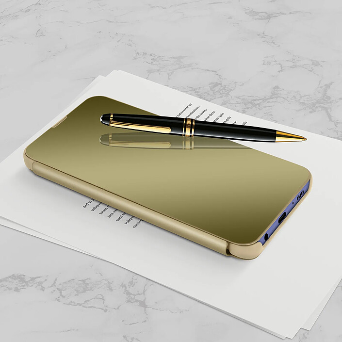 Avizar Housse Samsung A21s Clapet translucide Design Miroir Support Vidéo doré pas cher