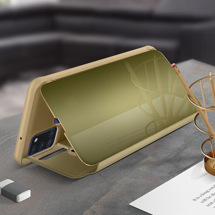 Avis Avizar Housse Samsung A21s Clapet translucide Design Miroir Support Vidéo doré