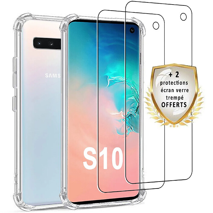 Evetane Coque Samsung Galaxy S10 Antichoc Silicone + 2 Vitres en verre trempé Protection écran