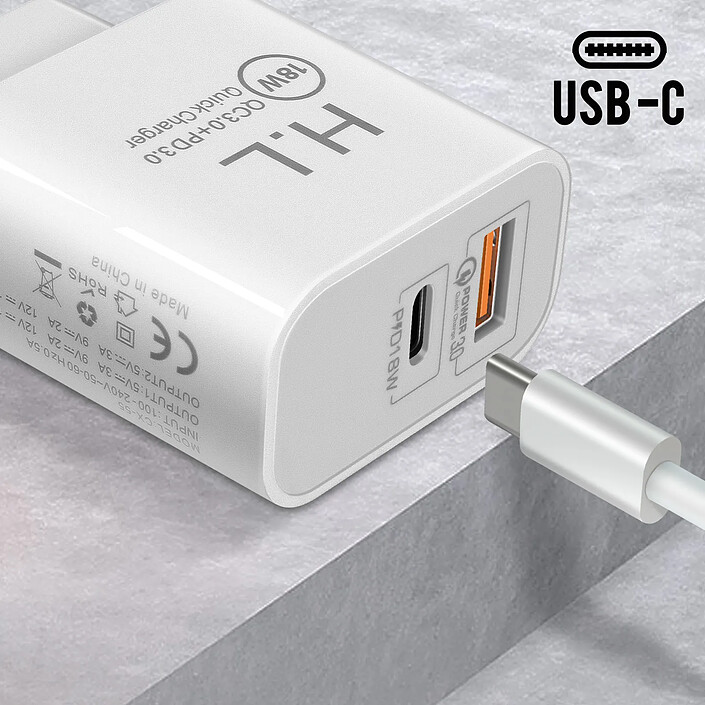 Chargeur Secteur USB / USB-C 18W Power Delivery Q.C 3.0 Câble Lightning Blanc pas cher