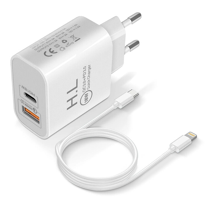 Chargeur Secteur USB / USB-C 18W Power Delivery Q.C 3.0 Câble Lightning Blanc