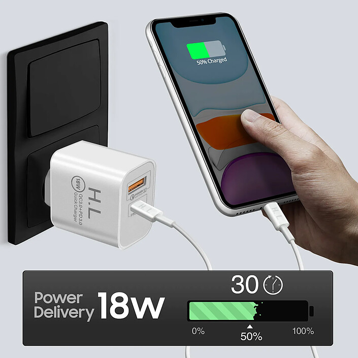 Avis Chargeur Secteur USB / USB-C 18W Power Delivery Q.C 3.0 Câble Lightning Blanc