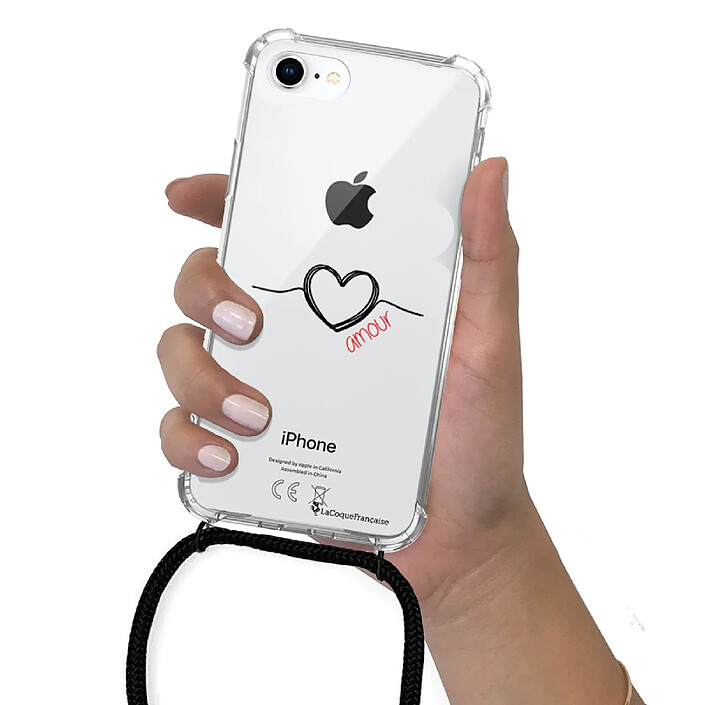 LaCoqueFrançaise Coque cordon iPhone 7/8/ iPhone SE 2020 noir Dessin Coeur Noir Amour pas cher