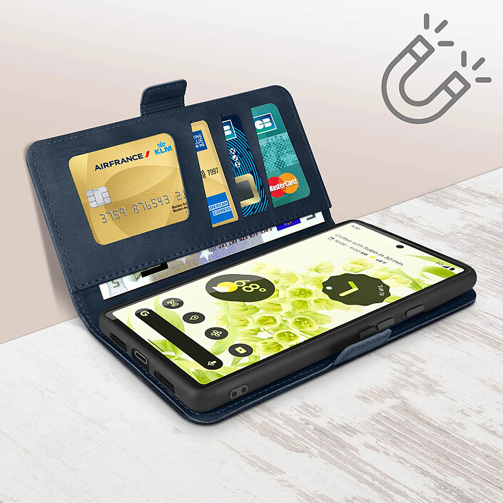 Avizar Étui Google Pixel 6 Portefeuille Support Vidéo Languette Magnétique Bleu nuit pas cher