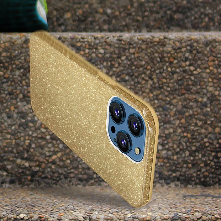 Avizar Coque pour iPhone 13 Pro Max en Structure Bi-Matière avec Feuille Pailletée Dorée pas cher