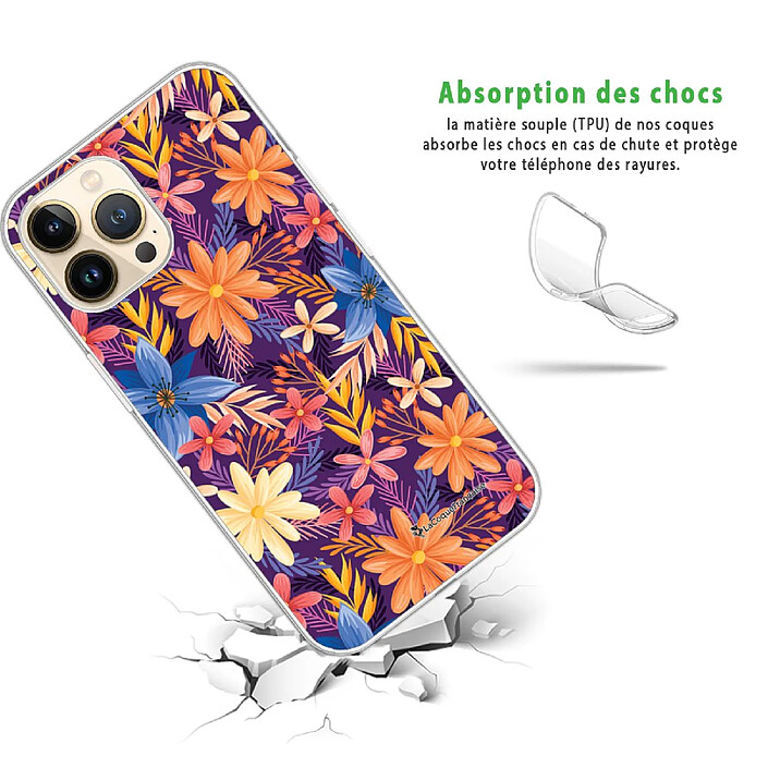 Avis LaCoqueFrançaise Coque iPhone 13 Pro 360 intégrale transparente Motif Fleurs violettes et oranges Tendance .