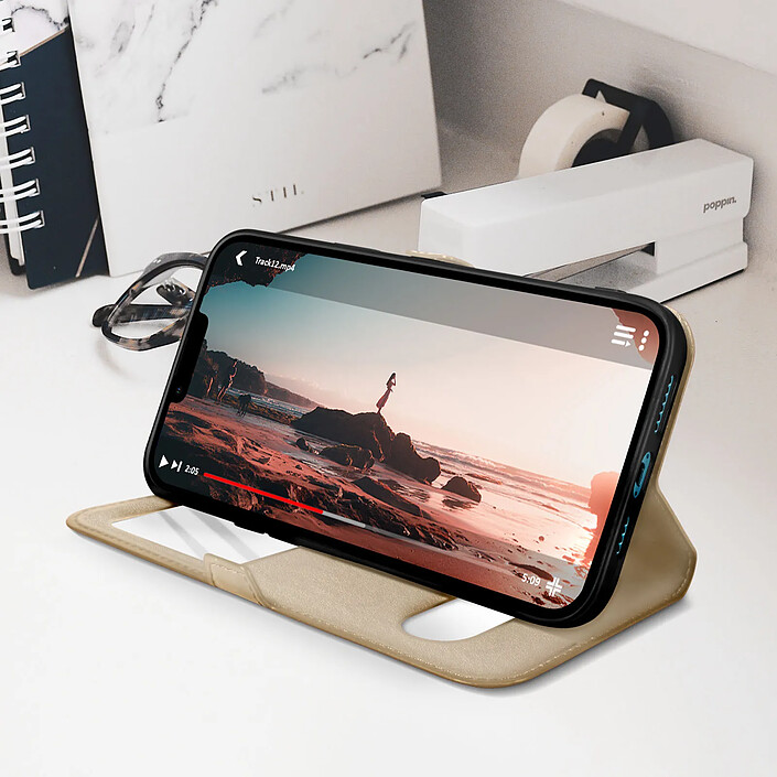 Acheter Avizar Étui Folio pour iPhone 13 Mini Double Fenêtre avec Fonction Support Dorée