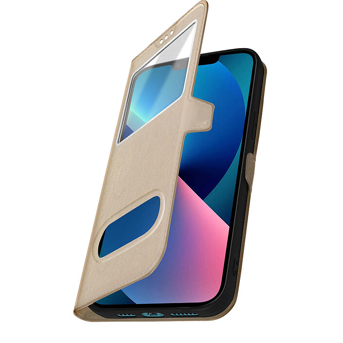 Avizar Étui Folio pour iPhone 13 Mini Double Fenêtre avec Fonction Support Dorée