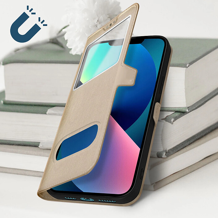 Avizar Étui Folio pour iPhone 13 Mini Double Fenêtre avec Fonction Support Dorée pas cher