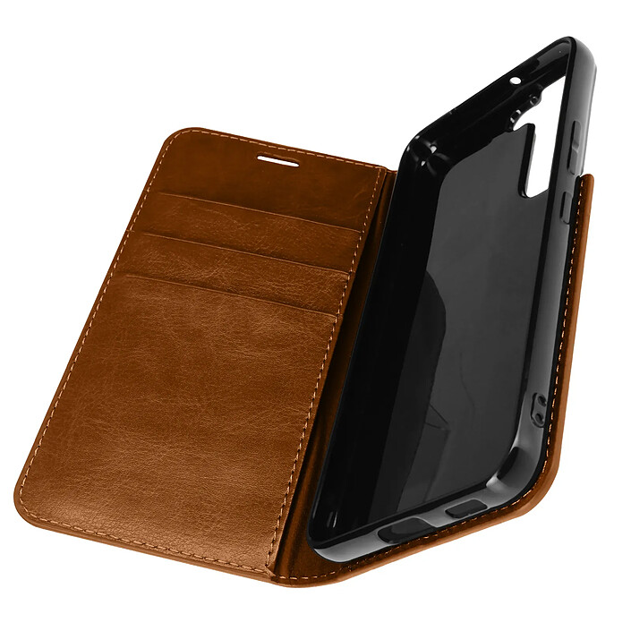 Avizar Étui Galaxy S22 Folio Cuir Véritable Porte cartes Support Vidéo - camel