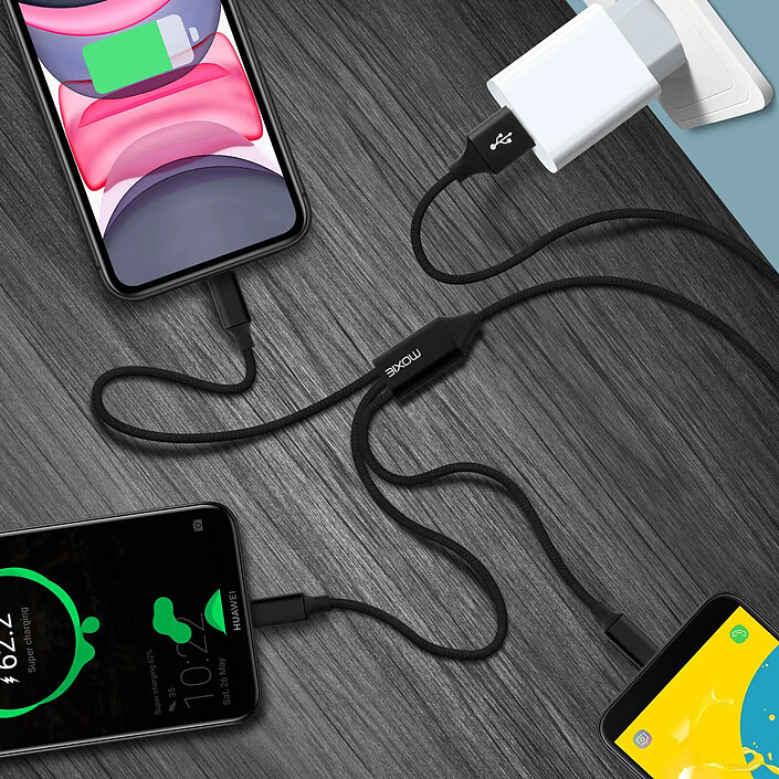 Avis Moxie Câble 3 en 1 Lightning USB type C Micro USB Multi-embouts Charge 3A Moxie Noir
