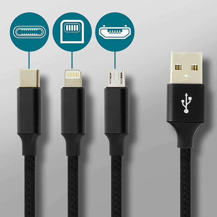Moxie Câble 3 en 1 Lightning USB type C Micro USB Multi-embouts Charge 3A Moxie Noir pas cher