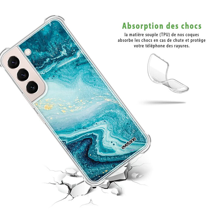 Avis Evetane Coque Samsung Galaxy S22 5G Silicone antichocs Solides coins renforcés  transparente Motif Bleu Nacré Marbre