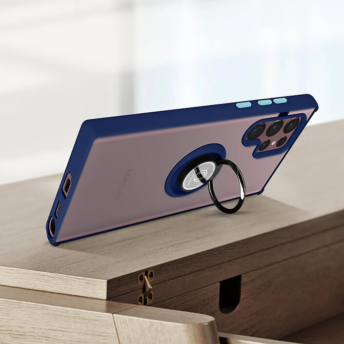 Avizar Coque pour Samsung Galaxy S22 Ultra Bi-matière Bague Métallique Support Vidéo Bleu pas cher