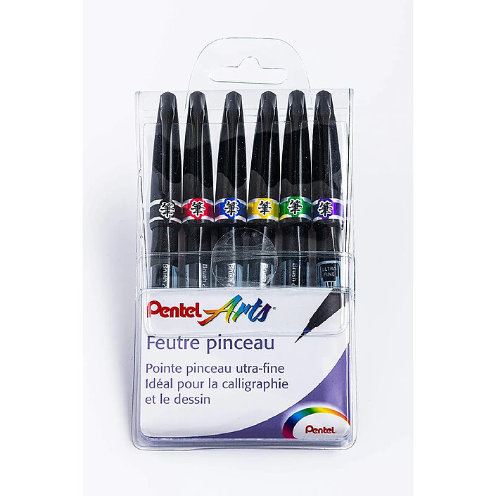 PENTEL Pochette de 6 Feutres pinceau Brush Sign Noir, Rouge, Bleu, Vert, Violet, Jaune