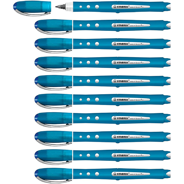 STABILO Roller WORKER Colorful Encre Liquide 100% Grip Tracé 0,5 mm bleu x 10
