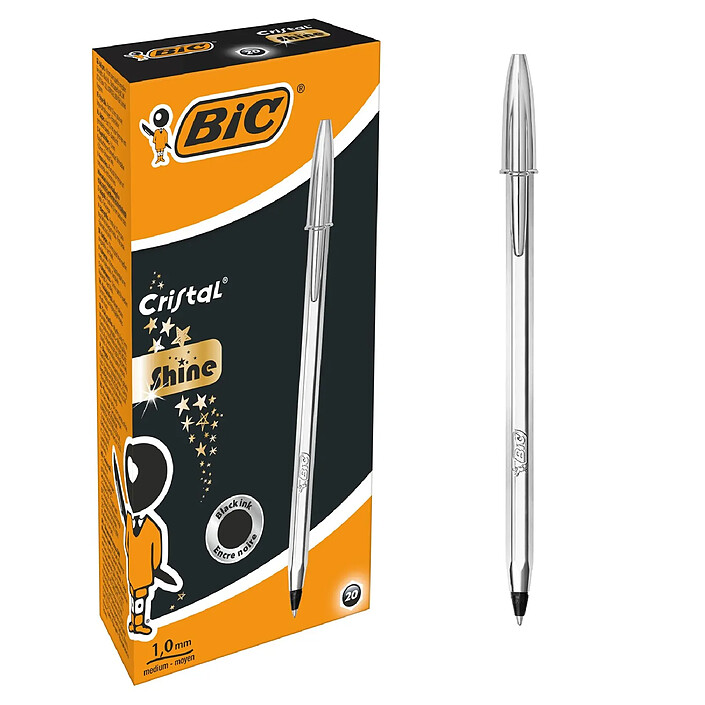 BIC Stylo bille CRISTAL SHINE Pointe Moyenne 1 mm Noir Corps Argent x 20