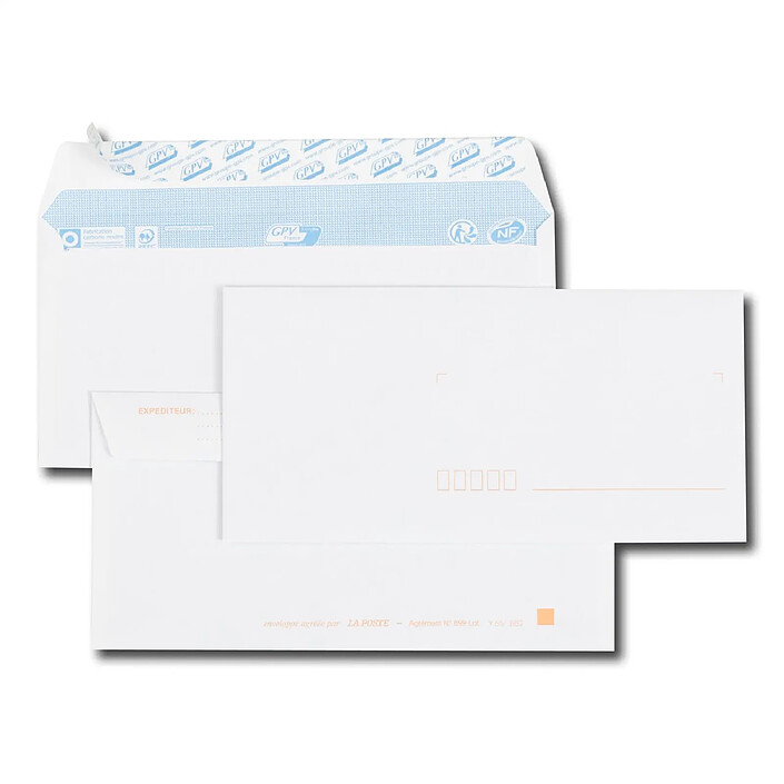 GPV Boîte de 500 enveloppes blanches DL 110x220 80 g précasées bande de protection