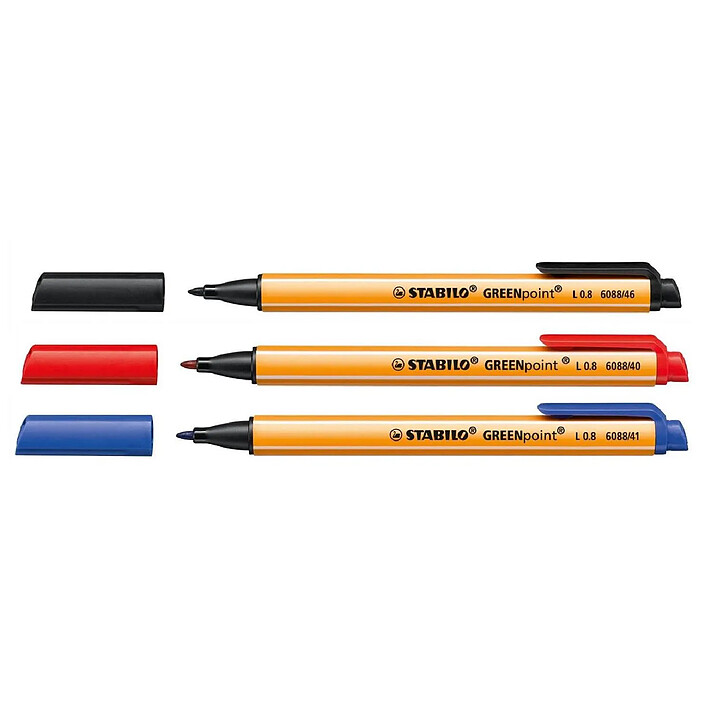 STABILO Lot de 3 Stylos Feutre GREENpoint Pte large 0,8 mm Noir Bleu Rouge