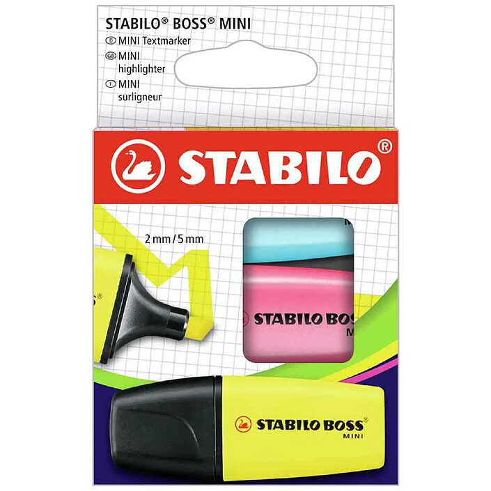 STABILO Surligneur BOSS MINI, étui en carton de 3 jaune, bleu et rose