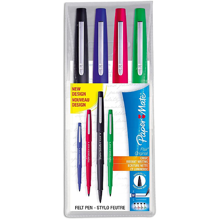PAPER MATE Lot de 4 feutres Nylon Flair coloris standard : bleu, noir, rouge, vert