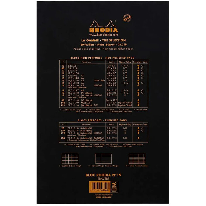 Avis RHODIA Bloc agrafé Rhodia N°19 21x31,8 cm 80 feuillets ligné avec marge 80g - Noir