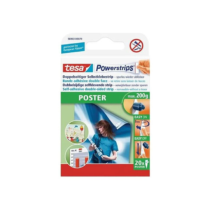 TESA Lot de 20 Languettes Adhésive Powerstrips Poster Max 200g Blanc