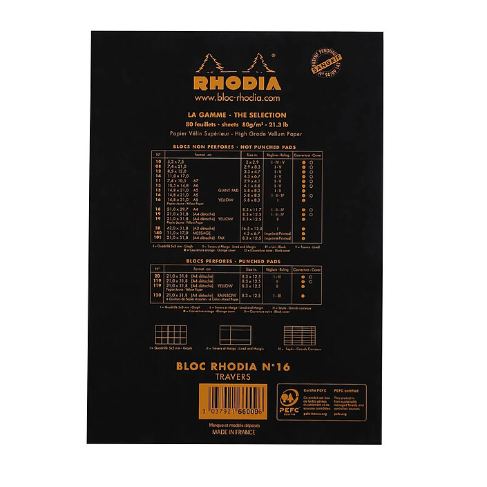 Avis RHODIA Bloc agrafé Rhodia N°16 14,8x21 cm 80 feuillets ligné avec marge 80g - Noir