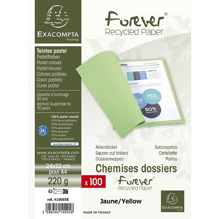 EXACOMPTA Paquet de 100 chemises Forever® 220 100% recyclé - 24x32cm - Jaune x 5 pas cher