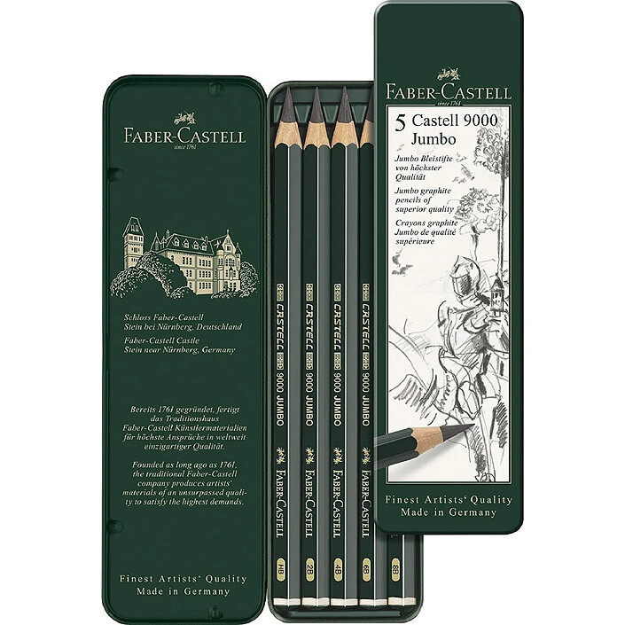 FABER-CASTELL Étui de 5 crayons graphite Castell 9000 Jumbo HB 2B 4B 6B 8B x 10