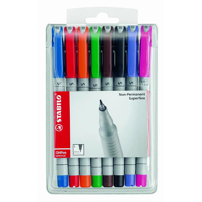 STABILO Pochette de 8 Feutre pour Transaprent OHPen encre soluble Pointe fine x 5
