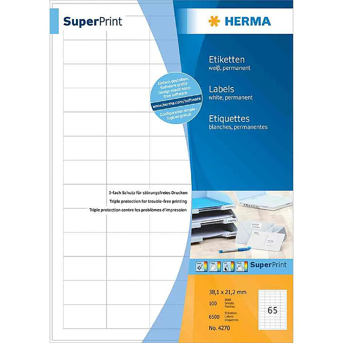 HERMA étiquettes SuperPrint, diamètre 60mm, avec bord, blanc, 100 feuilles A4