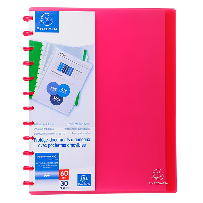 EXACOMPTA Protège-documents à anneaux et pochettes détachables 60 vues - A4 Rouge