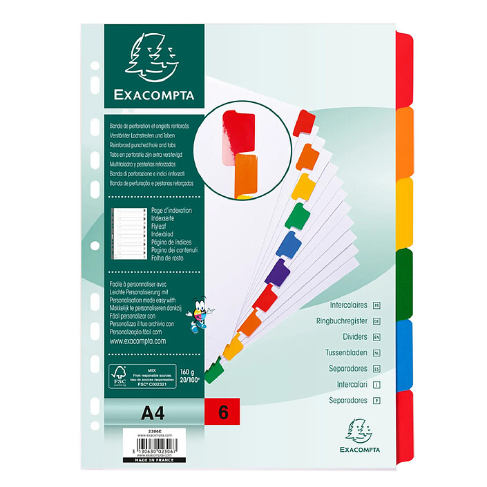 EXACOMPTA Jeu d'intercalaire 6 positions en carte blanche 170g, onglets Mylar®. Format A4. x 20