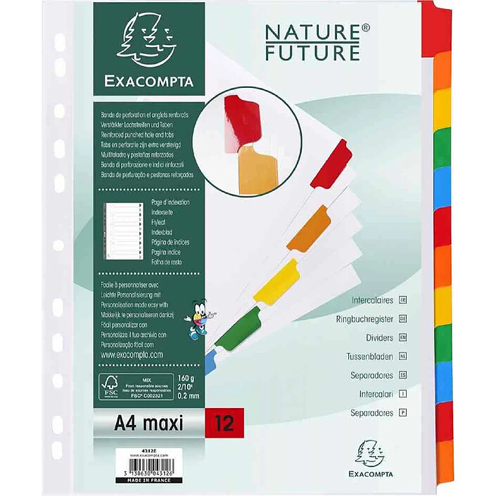 EXACOMPTA Intercalaires carte blanche 160g - 12 positions - A4+ - Blanc x 20