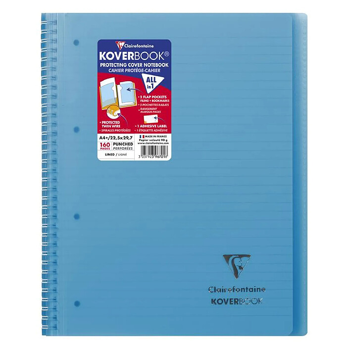 CLAIREFONTAINE Koverbook reliure intégrale 22,5x29,7cm 160p ligné perfo. 4 trous coloris assortis