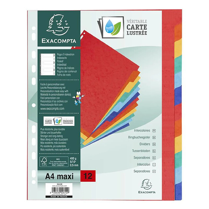 EXACOMPTA Intercalaires carte lustrée 400g 12 positions - A4 maxi Couleurs assorties