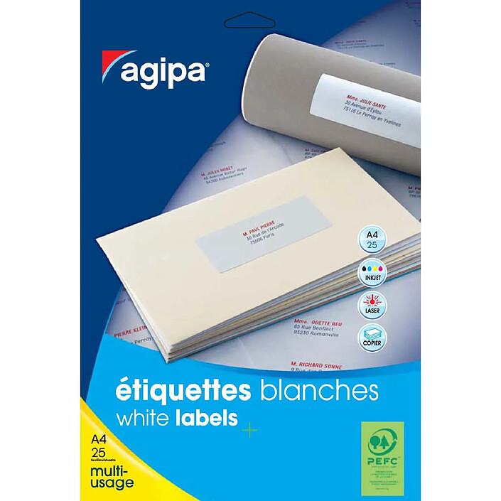 AGIPA Etui de 300 étiquettes 63,5 mm (12 x 25F A4) Multi-usage Coin Rond Permanent Blanc