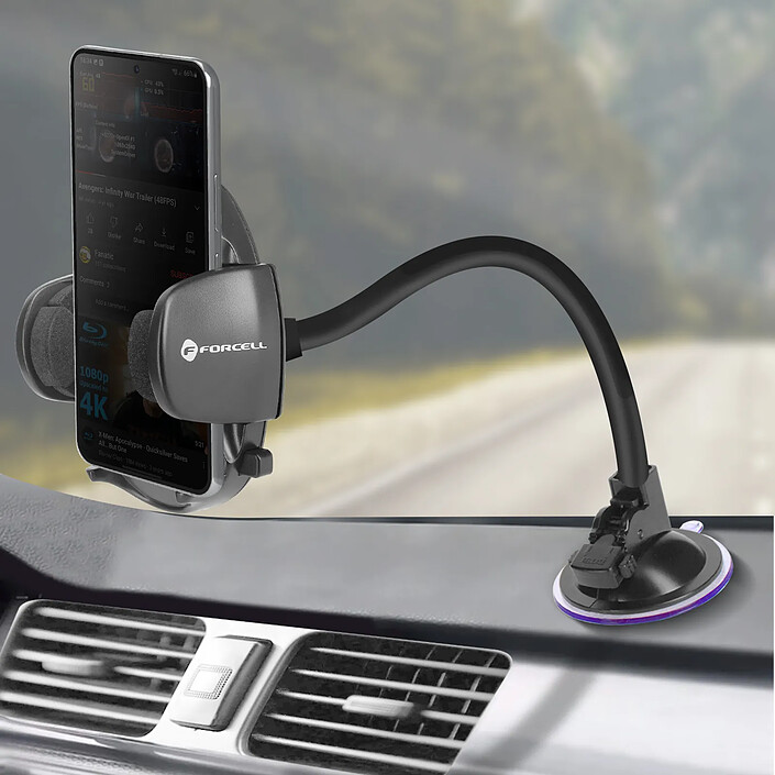 Forcell Support Voiture Smartphone Ovale Fixation à ventouse Bras long 27cm Forcell Noir pas cher
