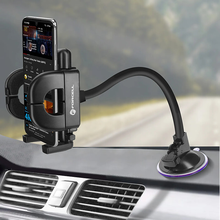 Forcell Support Voiture Smartphone Fixation à ventouse Bras long 27 cm Forcell Noir pas cher