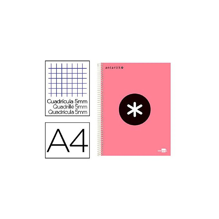 ANTARTIK Cahier spirale A4 240p 100g rembordé quadrillage 5mm microperforé 5 bandes 4 trous coloris corail x 12
