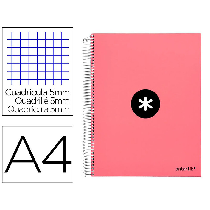 Avis ANTARTIK Cahier spirale A4 240p 100g rembordé quadrillage 5mm microperforé 5 bandes 4 trous coloris corail