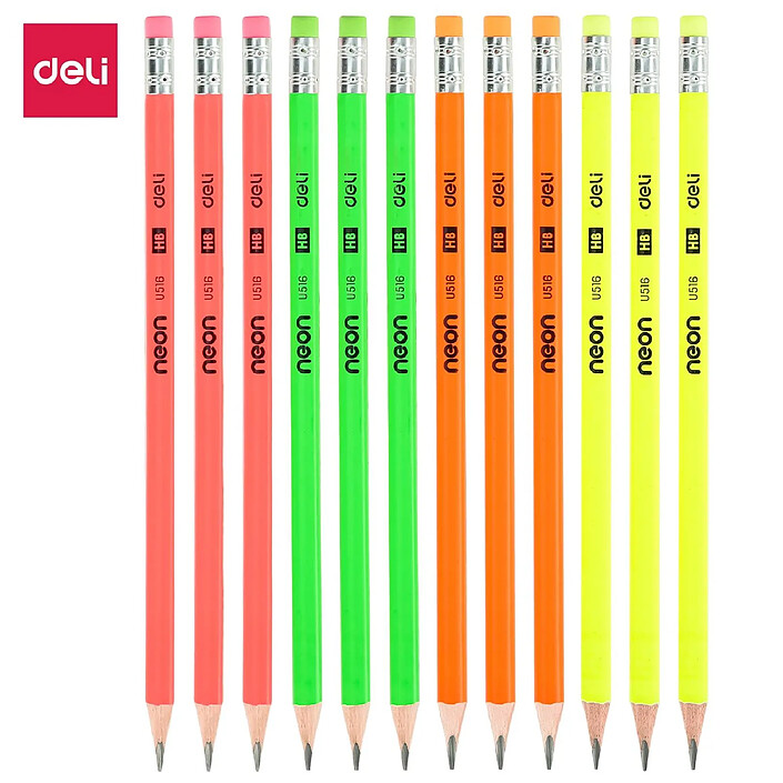 Avis DELI Boîte 12 crayons graphite HB corps triangulaire couleur Néon bout gomme x 12