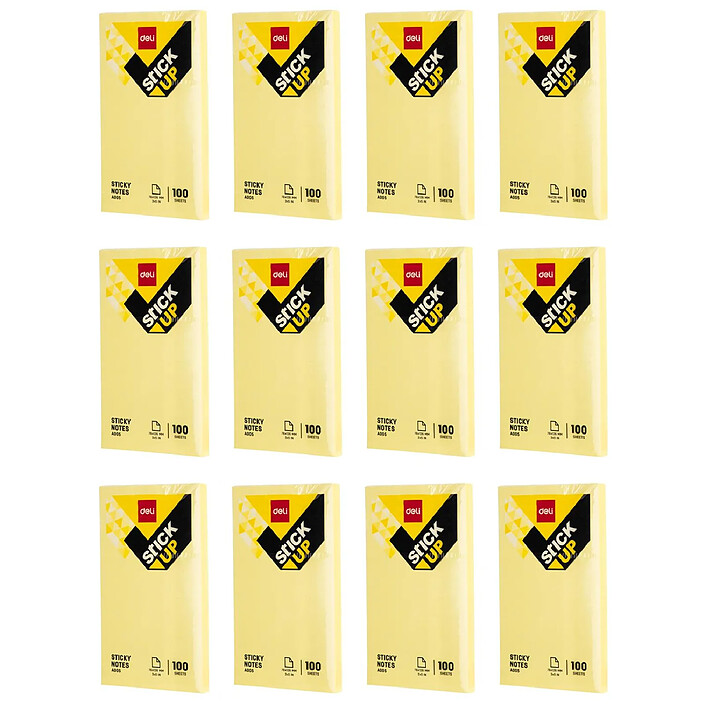 DELI Stick Up Notes adhésives repositionnables 76×126mm - 100 feuilles jaunes x 12