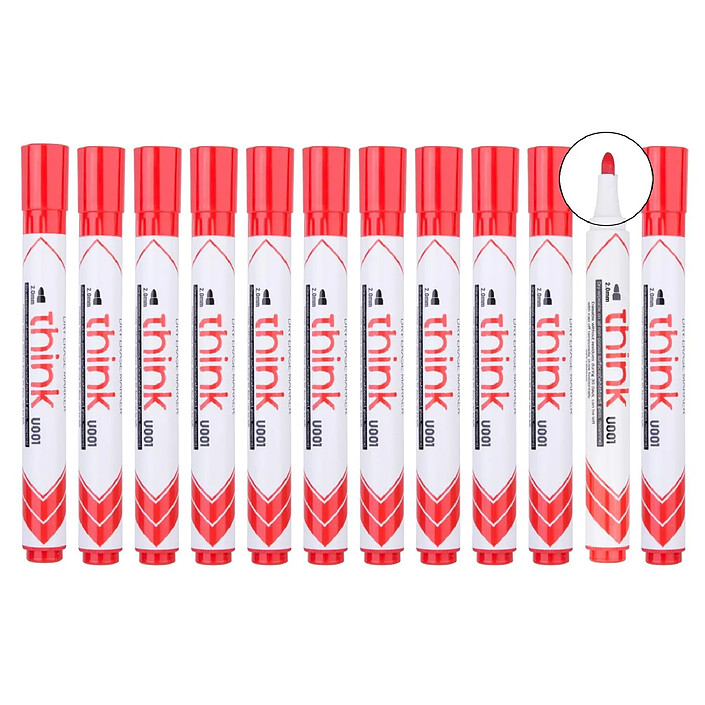 DELI Marqueur effaçable Think à sec pointe ogive 2.0mm rouge peu odorant effaçage facile x 12