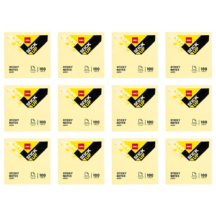 DELI Stick Up Notes adhésives repositionnables 76×76mm - 100 feuilles jaunes x 12