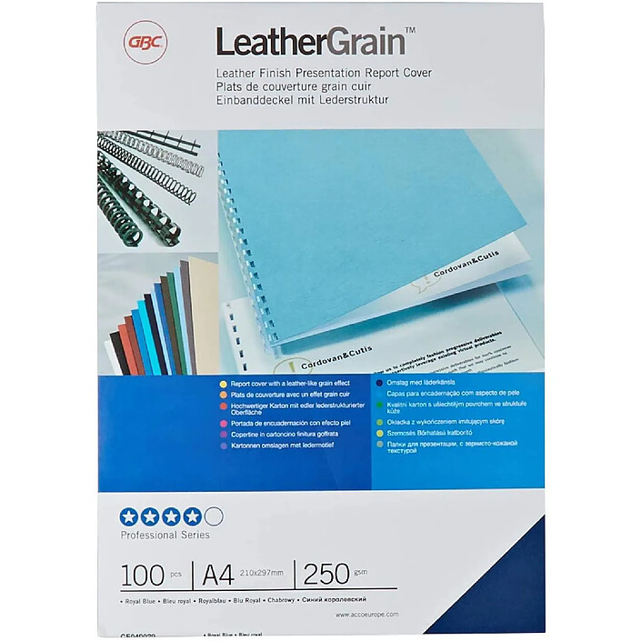 GBC Lot de 100 Plats de couverture A4 matière synthétique LeatherGrain 250g/m2 bleu roi
