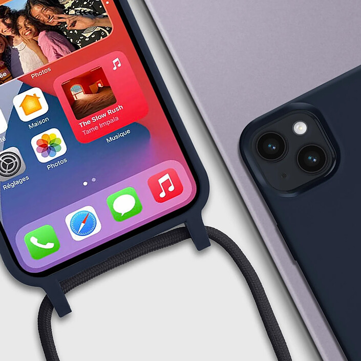 Avizar Coque Cordon iPhone 14 Plus Semi-rigide avec Lanière Tour du Cou 80cm bleu pas cher
